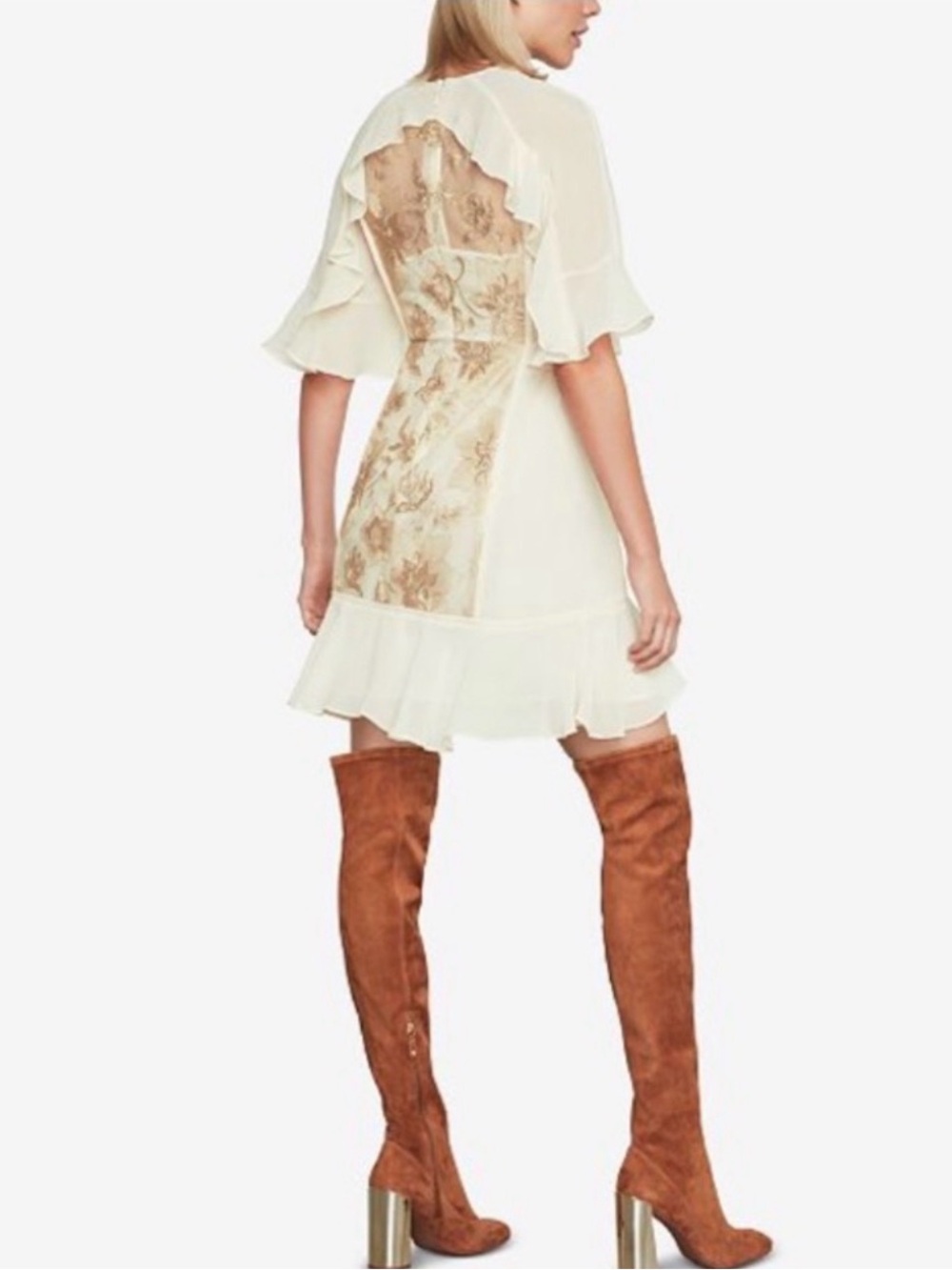 BCBGMaxAzria Cream Sheer Floral Embroidered Cape Sleeve Dress